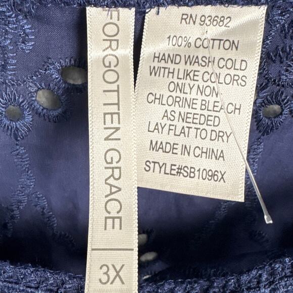 Forgotten Grace Plus Size Lace Trimmed Eyelet Blouse Navy Blue 100% Cotton NWOT - Picture 7 of 7